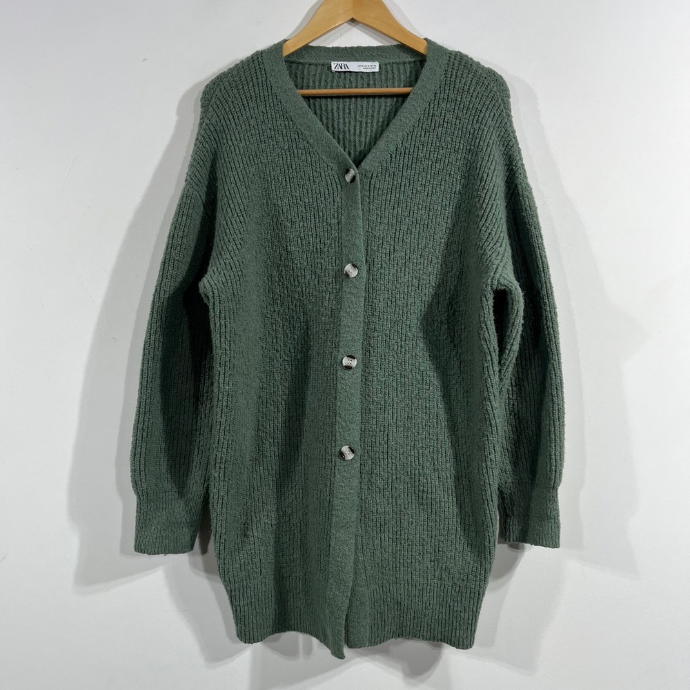 Zara Parisian Fisherman Green Oversized Ribbed Knit Button Cardigan Sweater Med